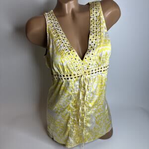 Express Design Studio VTG Express Womans Size Medium Beaded Yellow White Silk